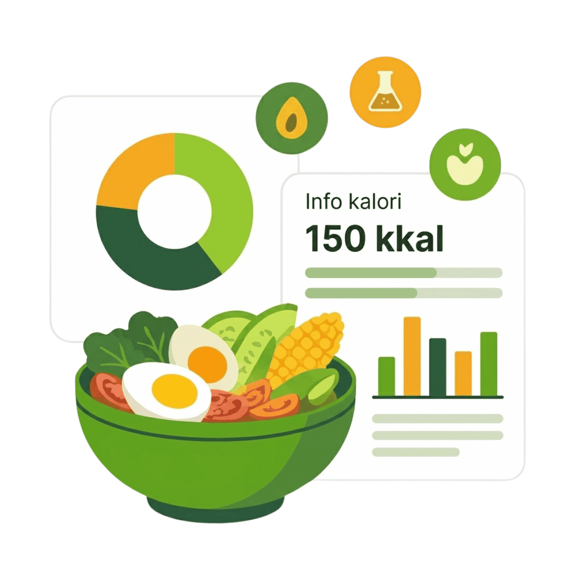 Ilustrasi informasi kalori dan grafik nutrisi makanan Sehatin